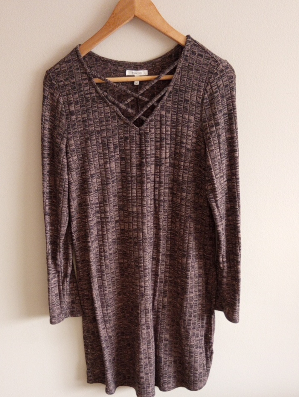 Maurices Crisscross V Neck Ribbed Tunic Dress Brown Heather Size Medium